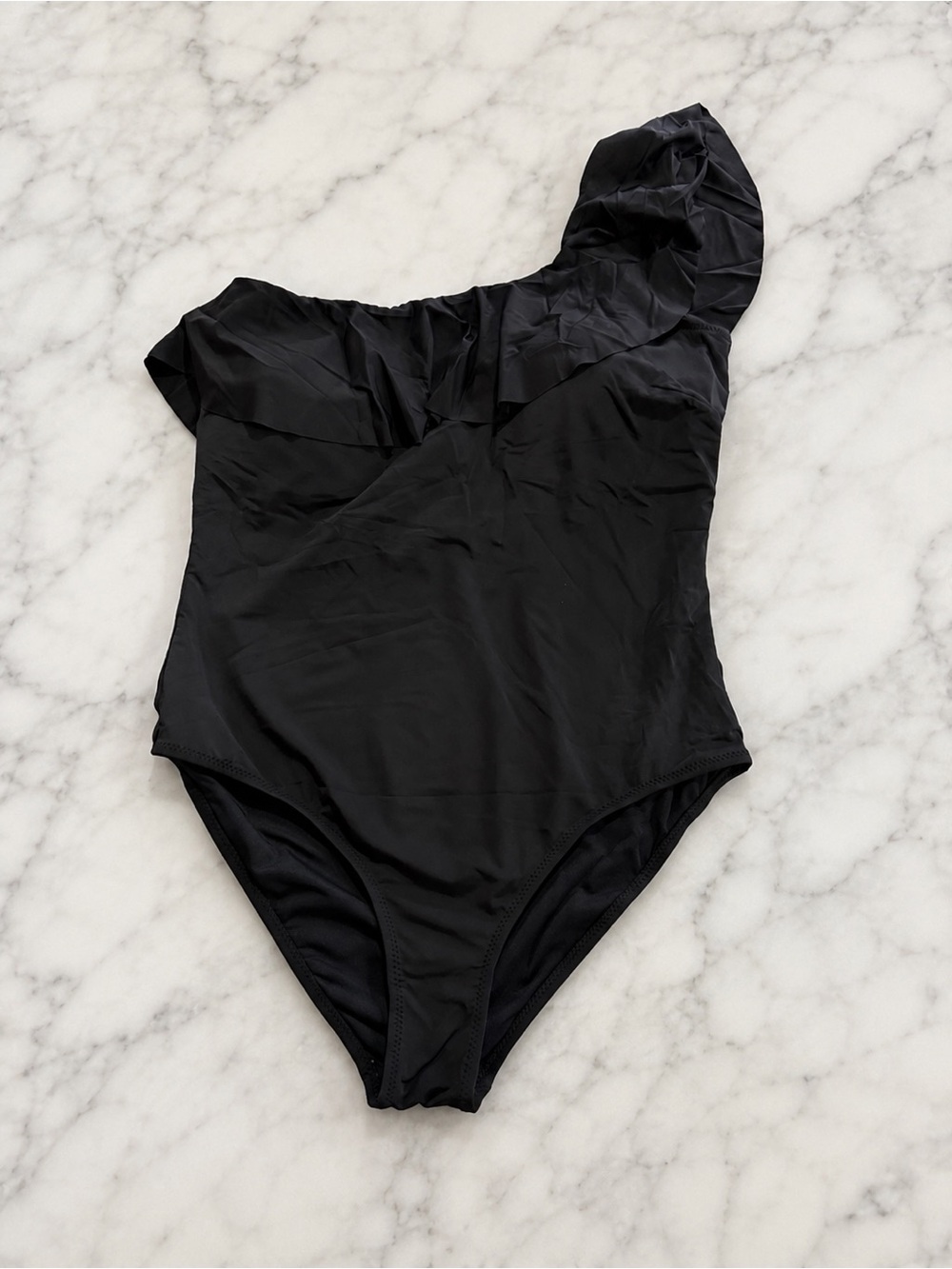 White Birch One-Shoulder Ruffle Swimsuit Black NWOT